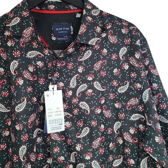 NWT SILVER STONE COLLECTION Mens Black & Red Paisley Button up Shirt Modern Fit - Picture 3 of 8